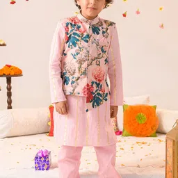 pspeaches Boys Floral Printed Pure Cotton Kurta with Pyjamas & Jacket image 1