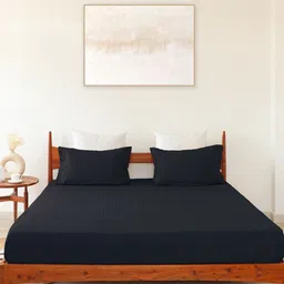 HOMEMONDE Blue Striped Cotton 300 TC Fitted Queen Bedsheet with 2 Pillow Covers-image-62