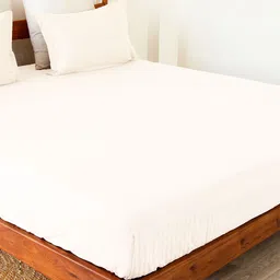 HOMEMONDE White Striped Cotton Fitted 300 TC King Bedsheet With 2 Pillow Covers-image-59