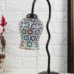 Devansh White & Blue Mosaic Printed Glass Zig Zag Curvy Iron Metal Table Lamp-picture-40