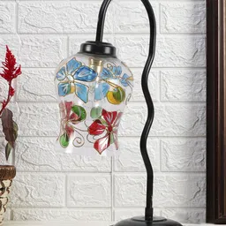Devansh White & Blue Mosaic Printed Glass Zig Zag Curvy Iron Metal Table Lamp With Shade-picture-25