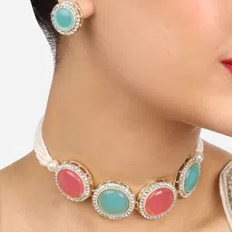 Zaveri Pearls Gold-Plated Austrian Diamonds Studded & Beaded Jewellery Set-image-34