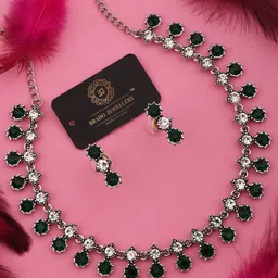 Brado Jewellery Oxidised Silver-Plated AD-Studded Necklace & Earrings Set-picture-25