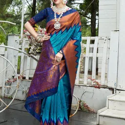 Anouk Turquoise Blue Ethnic Motifs Woven Design Zari Art Silk Kanjeevaram Saree-image-23