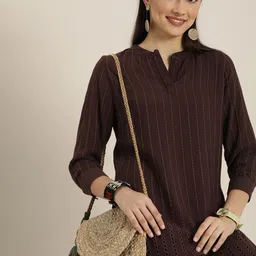 Sangria Women Brown Floral Embroidered Kurta with Trousers-image-30