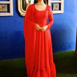 Thread & Button Women Red Embroidered Sequinned Anarkali Kurta &Trousers & With Dupatta-picture-37