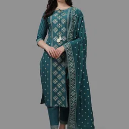 Berrylicious Women Teal Printed Chanderi Cotton Kurta with Trousers & Dupatta-picture-21