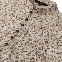 SOJANYA Men Cream-Coloured & Brown Silk Cotton Printed Regular Kurta with Churidar image 3