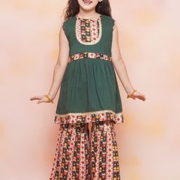 Aj DEZInES Girls Floral Yoke Design Pure Cotton Kurta with Sharara-picture-32