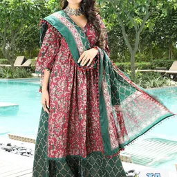 AKS Couture Floral Printed Straight Pure Cotton Kurta With Palazzos & Dupatta-image-35
