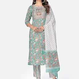 KALINI Women Sea Green Floral Printed Thread Work Pure Cotton Kurti with Trousers & With Dupatta-image-51