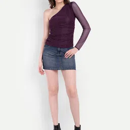DRAPE AND DAZZLE Self Design Stretchable Shimmer One Shoulder Net Casual Top-picture-28
