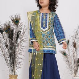 Little Bansi Girls Blue Ethnic Motifs Embroidered Layered Pure Cotton Kurta with Sharara & With Dupatta-picture-24