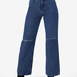 The Souled Store Women Blue Slash Knee Wide Leg Jeans-image-95