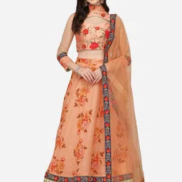 SAPTRANGI Peach-Coloured & Green Embroidered Semi-Stitched Lehenga & Unstitched Blouse With Dupatta-picture-18