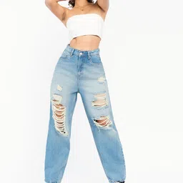 FREAKINS Women Relaxed Fit High-Rise Highly Distressed Light Fade Pure Cotton Jeans-picture-23