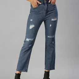 SHOWOFF Women Blue Straight Fit High-Rise Mildly Distressed Light Fade Jeans-picture-29