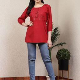 Nayam By Lakshita Floral Embroidered Tie-Up Neck Linen Top-picture-11