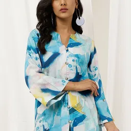 Jaipur Kurti Abstract Printed Mandarin Collar Straight High Low Kurta with Palazzos-picture-33