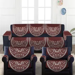 SOKNACK 10-Pc Maroon & White Ethnic Motif Printed 5-Seater Velvet Sofa Covers With Arm Res-image-42