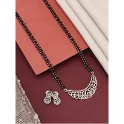 Abdesigns Silver Plated American Diamond Studded And Beaded Mangalsutra With Earrings White-picture-12