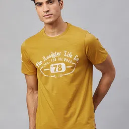 Roadster Men Mustard Yellow and White Printed Round Neck T-shirt-picture-10