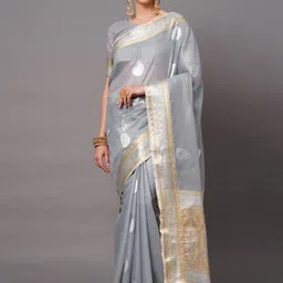 Saree mall Grey & Gold-Toned Woven Design Silk Blend Banarasi Sarees-picture-31
