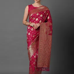 Mitera Pink & Gold-Toned Woven Design Silk Blend Banarasi Saree-image-34