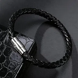 Yellow Chimes Men Black Leather Strand Bracelet image 1