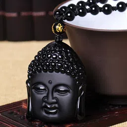 Yellow Chimes Men Black Obsedian Beads Buddha Pendant Necklace-picture-41