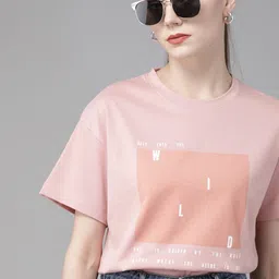 The Roadster Lifestyle Co Women Pink  Peach-Coloured Printed Pure Cotton Boxy T-shirt-image-6