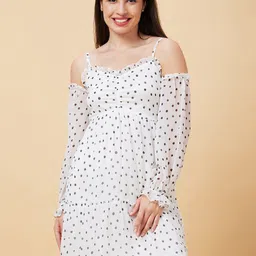 Globus White Polka Dots Printed Cold-Shoulder Gathered Tiered Fit & Flare Dress-image-81