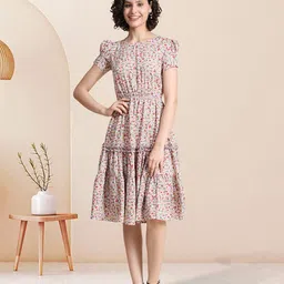 BAESD Floral Printed Puff Sleeves Gathered Detailed Fit & Flare Dress-picture-15