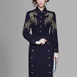 JC Collection Women Navy Blue & Gold-Toned Embroidered Sheath Midi Dress-picture-11