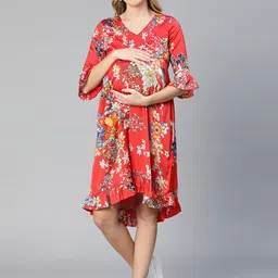 Oxolloxo Floral Print Ruffled V-Neck Maternity Dress-picture-12