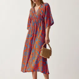 Happiness istanbul Floral Printed V-Neck Flared Sleeve A-Line Midi Dress-picture-15