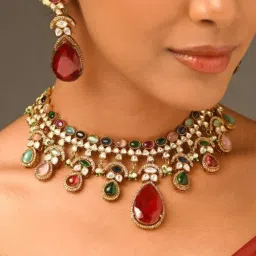 Abdesigns Multi-Color Gold Plated Polki American Diamond Necklace with Earrings-picture-27