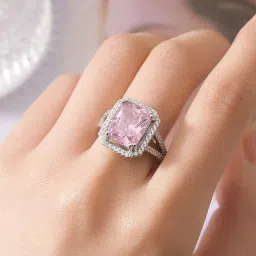 Jewels Galaxy Silver Plated American Diamond Crushed Ice Cut Rectangular Pink Finger Ring-picture-36