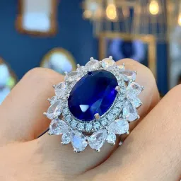 Jewels Galaxy Silver Plated American Diamond Crushed Ice Cut Navy Blue Oval Finger Ring-picture-25