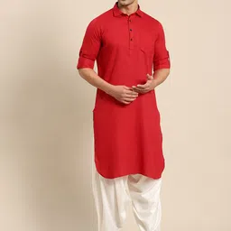RAJUBHAI HARGOVINDAS Men Red Woven Design Pure Cotton Pathani Kurta-picture-23