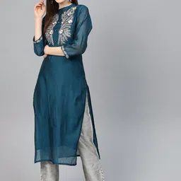 Varanga Women Navy Blue & Grey Ethnic Motifs Embroidered Handloom Kurta with Palazzos-picture-24