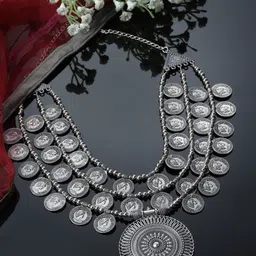 Sanjog German Silver-Plated Coin Charms Layered Oxidised Necklace-picture-14