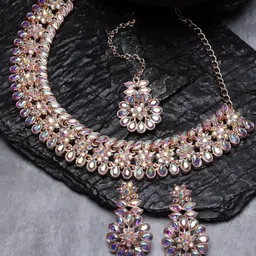 Sukkhi Rose Gold-Plated Stone-Studded Jewellery Set With Maangtikka-image-5