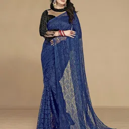 KALINI Women Navy Blue Floral Net Saree With Unstitched Blouse image 1