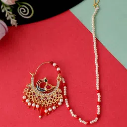 Silvermerc Designs Gold-Plated Pearl-Studded Chained Nose Ring-picture-19