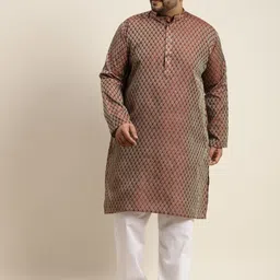 SOJANYA PLUS Men Maroon & Golden Jacquard Silk Woven Design Straight Kurta-picture-5