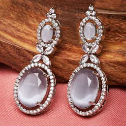 ZENEME Rhodium-Plated American Diamond Studded Oval Shaped Drop Earrings-picture-21