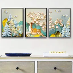 Art Street Blue & Green Set Of 3 Running Deer Framed Painting Wall Art-picture-29