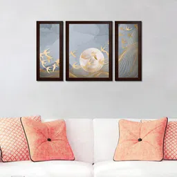 WENS Set of 3 Blue & Gold Nature Wall Art Framed Painting-picture-38