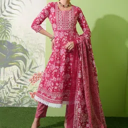 Vishudh Floral Printed Regular Thread Work Pure Cotton Kurta with Trousers & With Dupatta-picture-16